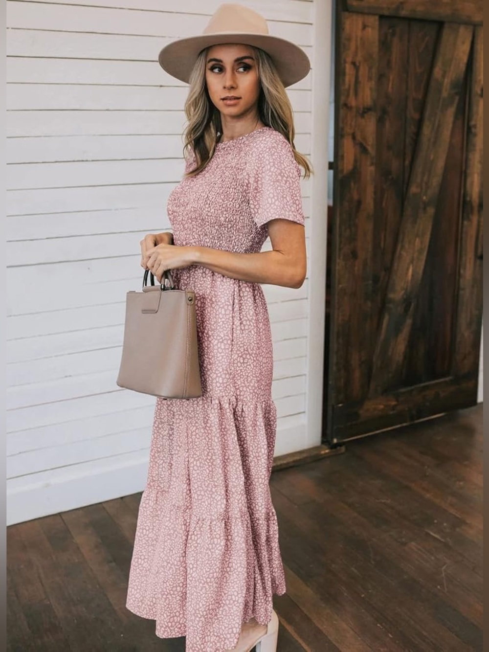 Zattcas Modest Maxi Dress Smocked Short Sleeves Cheetah Mauve Pink M NWT